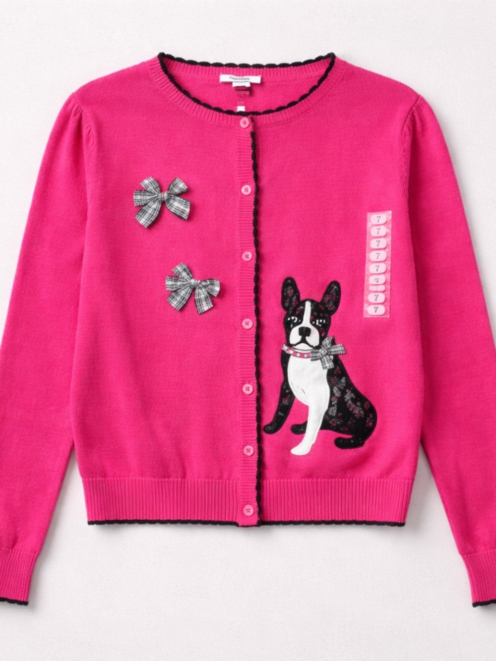 Hartstrings Bright pink cotton cardigan sweater with French bulldog appliqué NWT